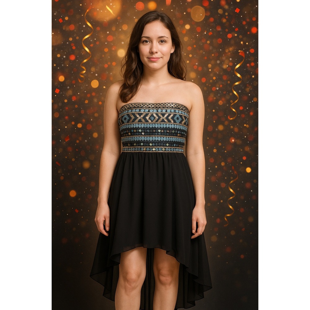 Love Reign Strapless Hi-Lo Dress Sequin Sheer Lined Women S Party Cocktail Black